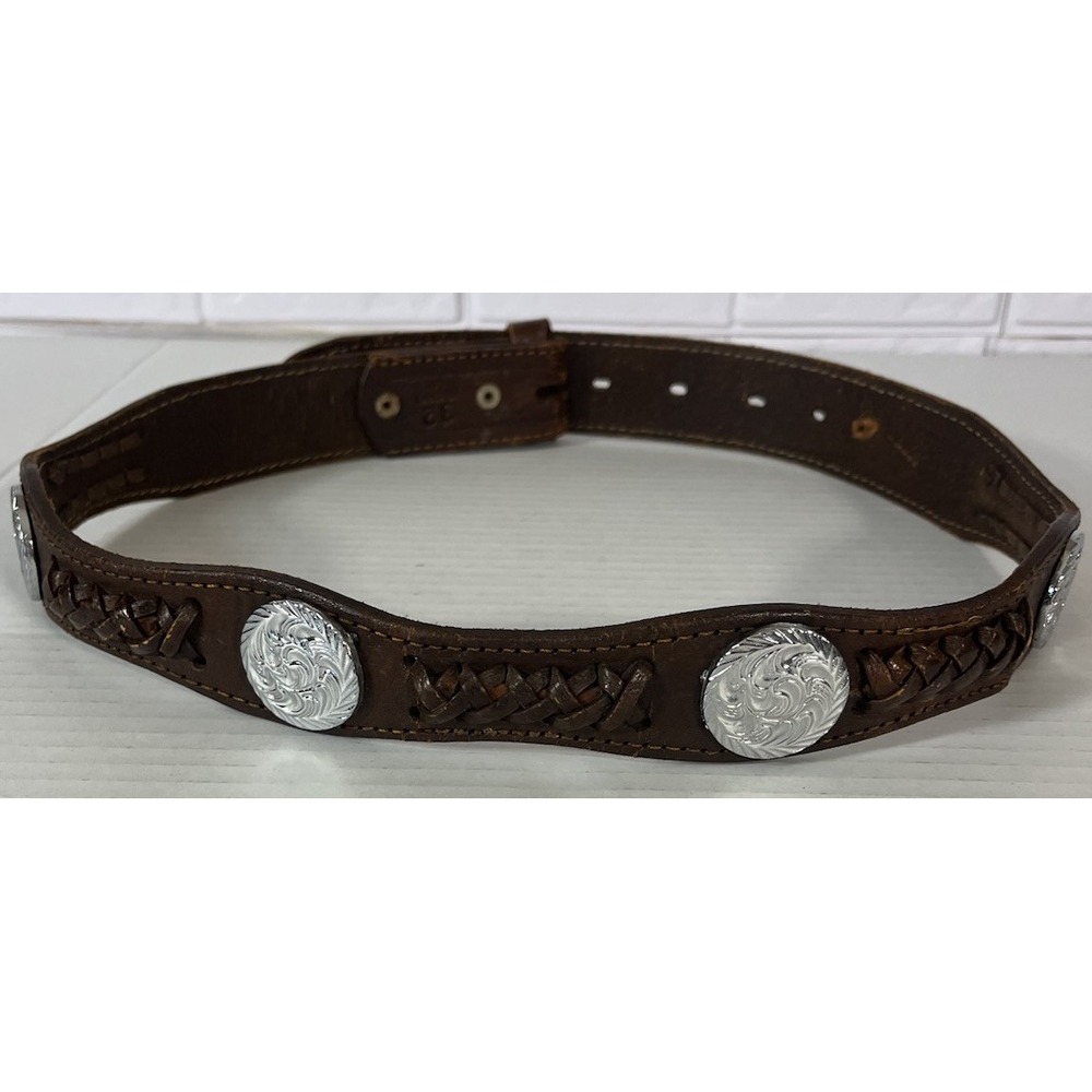 Unbranded Leather Belt Mens 32 Brown Vintage Western Concho Braided Scalloped